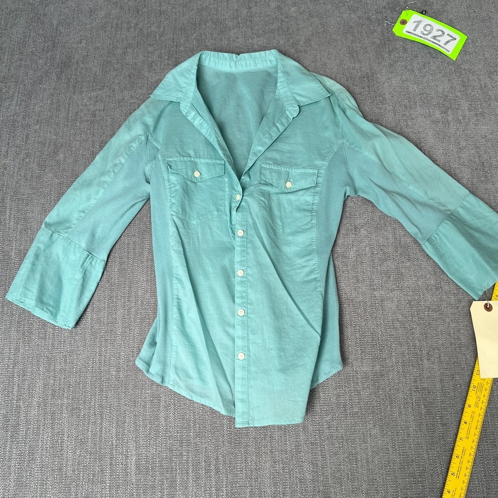Womens Shirt Top Blue Long Sleeve Ribbed Panels Chest Pocket Casual Button Up